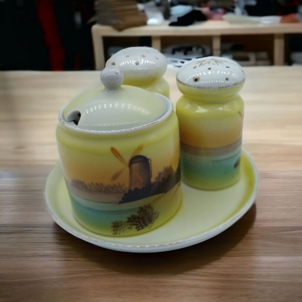 Vtg Meito China Yellow Windmill Salt Pepper Sugar Jam Set w/ Plate - Japan
